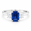 Emerald Cut Sapphire with Round Brilliant Cut Diamond Side Stones Trilogy Ring